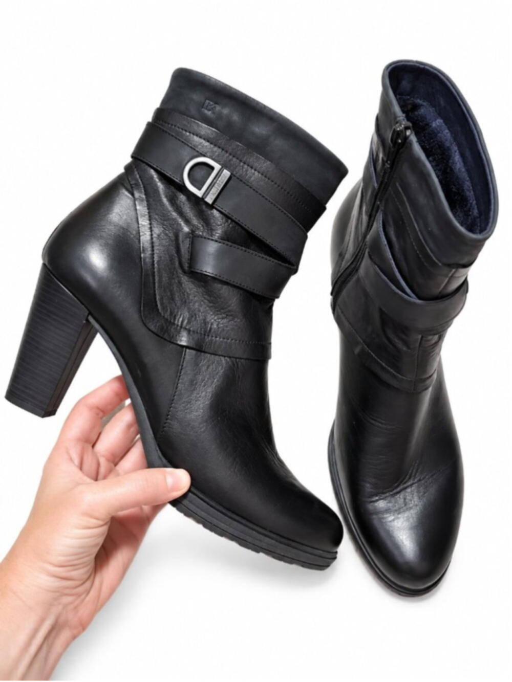 DORKING BY FLUCHOS Leather Heeled Ankle Boots Black 41EU 10.5US Moto Biker Sleek